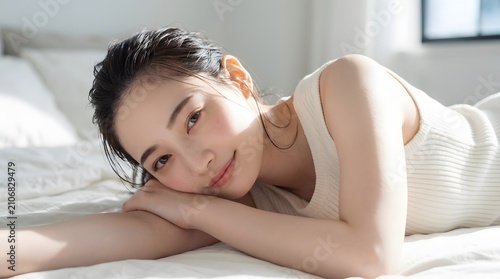 Radiant Asian woman lying on bed in bright morning light, beautiful young female with natural skin in white bedroom, serene wellness and skincare concept