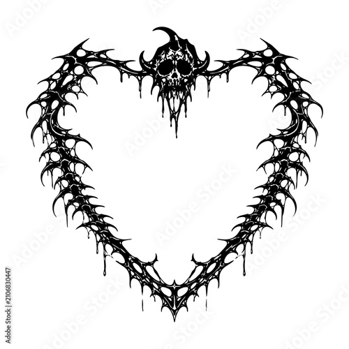 Fotografie Skull Tribal Heart Frame with Thorn Branch Structure and Dark Gothic Ornament