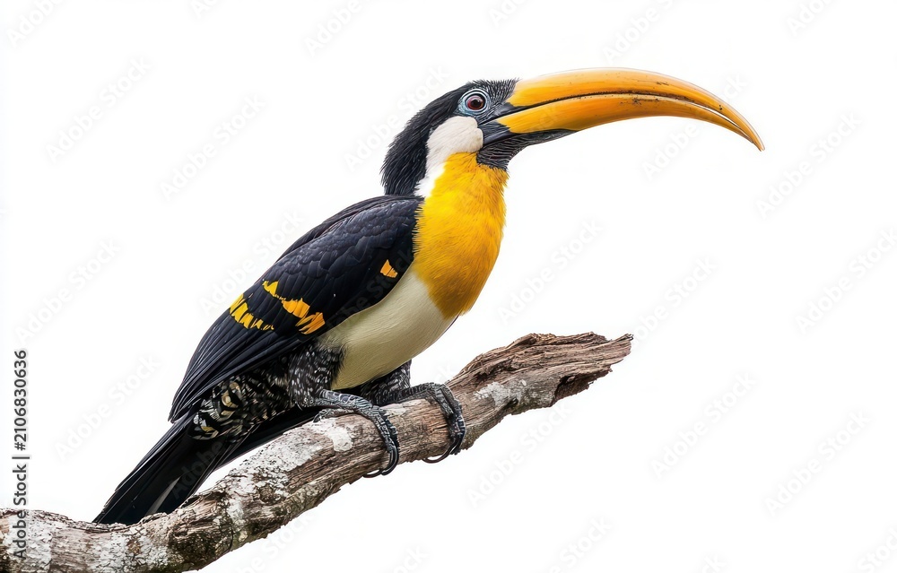 Naklejka premium colorful toucan with large yellow-orange bill perched on a weathered branch against a white background, alert and majestic