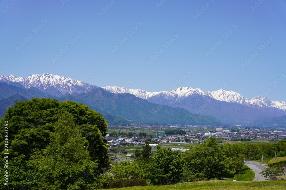 Fototapeta premium 信州 安曇野 あづみ野池田クラフトパークから望む残雪の北アルプスと新緑の安曇野 蓮華岳 爺ヶ岳 鹿島槍ヶ岳