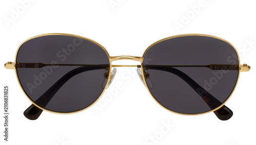 Obraz na plátne Isolated elegant round gold-framed sunglasses with dark grey polarized lenses, s