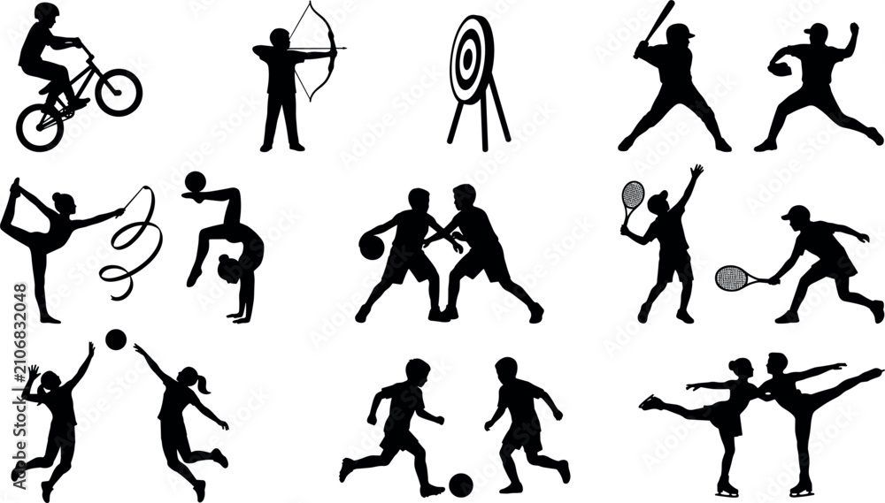 Obraz premium Kids Sports and Athletics Silhouette Set Featuring Basketball, Soccer, Tennis, Gymnastics, Baseball, Archery, and Ice Skating Vector Icons for Youth Activities