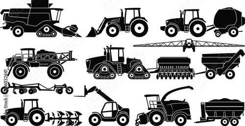 Fotografía Agricultural Machinery Silhouette Icons of Tractors, Harvesters, Plows, Sprayers