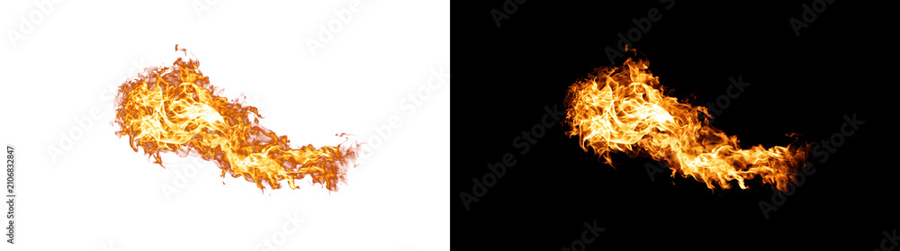 Fototapeta premium Orange fire flame effect with glowing smoke texture for cinematic overlays in PNG, Transparent and Black Background Versions