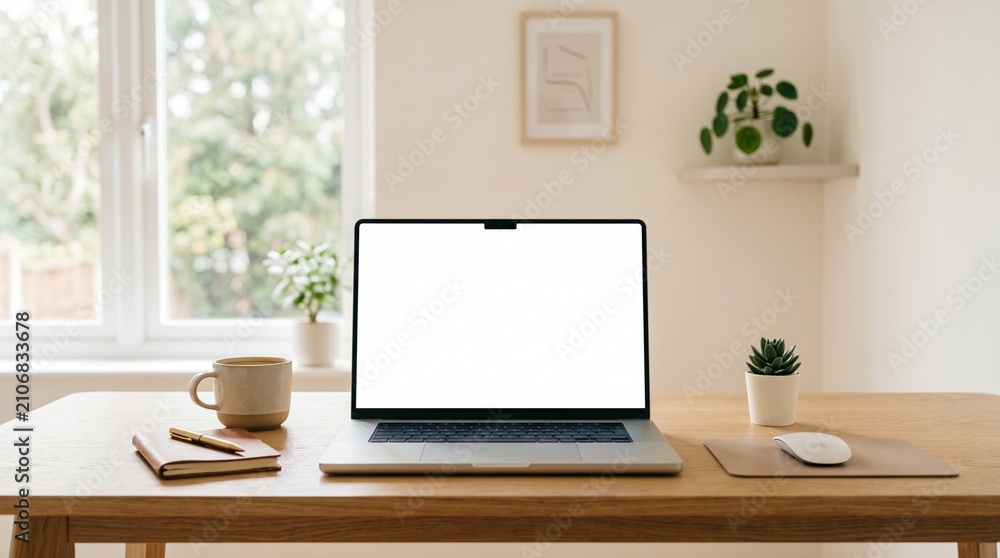 Fototapeta premium front view laptop mockup with white screen on wooden desk near window