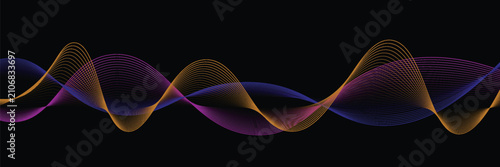 Neon flowing wavy lines on black background. Abstract sound wave design for ai concept, equalizer, audio record, voice assistant. Blue, pink orange gradient curve stripes. Vector wallpaper