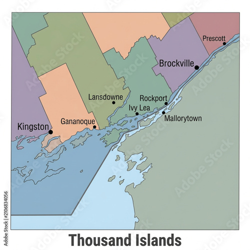 Tableau sur toile Thousand Islands Region Canada Color Political Map – Clean Minimal Vector Illust