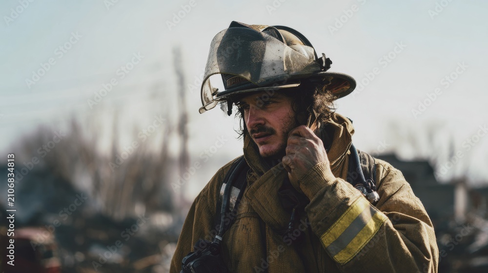 Fototapeta premium Firefighter working at the scene of a fire, engaging in communication and planning