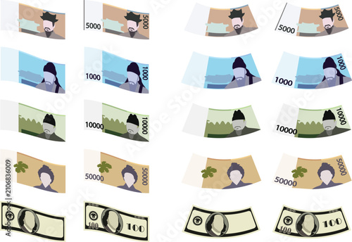 Curved Korean Won and US Dollar, Currency Exchange Forex Money Set