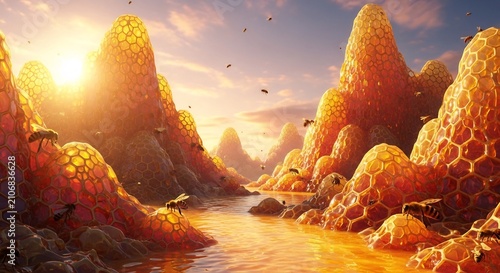 Surreal Honeycomb Landscape with Golden River at Sunset.