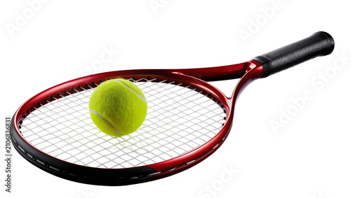 Konstfotografi Isolated tennis racket with a vibrant yellow-green tennis ball on its strings, s
