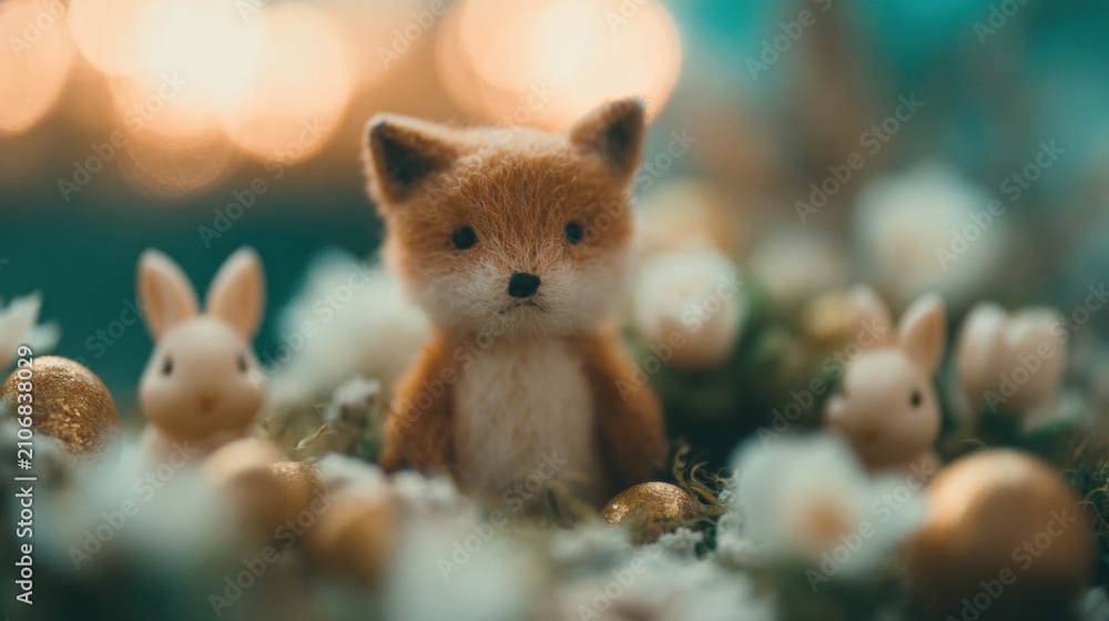 Fototapeta premium Cute fox and rabbits with flowers and eggs celebrate spring