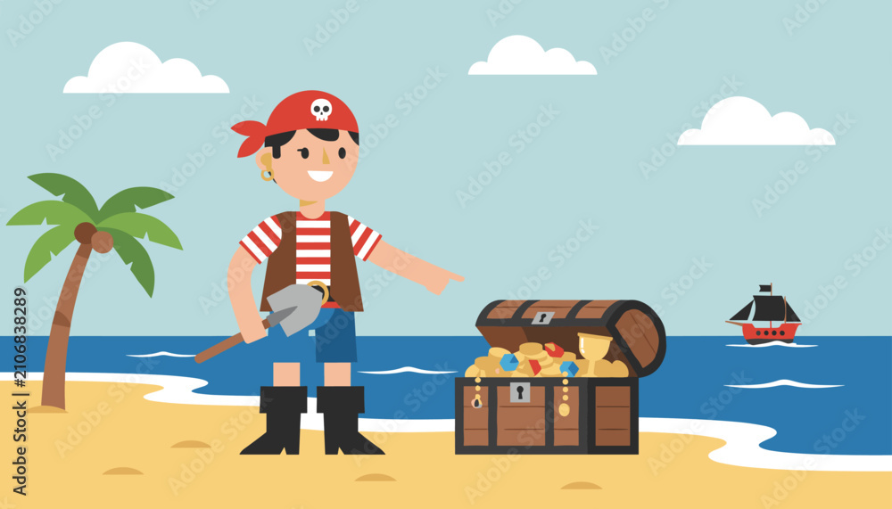 Naklejka premium Young boy pirate character standing on a tropical beach and pointing towards an open chest filled with gold treasure.