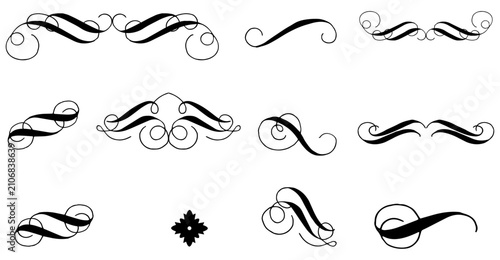 Calligraphic swirl floral ornaments. Modern swirling flourishes, wreath, romantic card decorative swirl and wedding card decor curls swirls dividers set. Black curly thin lines