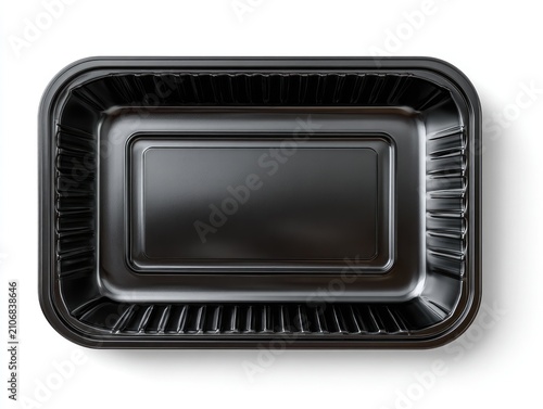 Overhead shot of a glossy black plastic rectangular tray, slightly rounded corners, set on a white surface with shadows