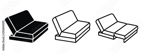 Set of simple black and white icons showing a folding sofa bed in different positions