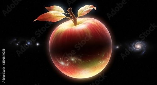 Glowing Red Apple with Leaves on a Dark Background with Stars.