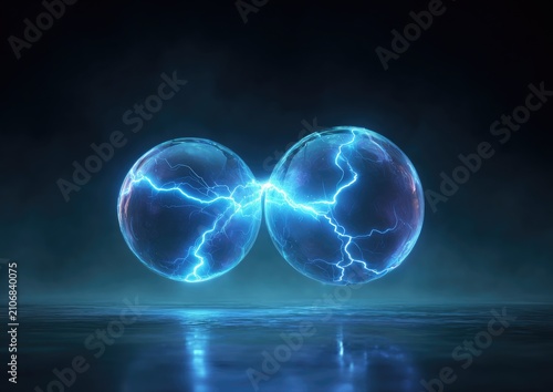 Two luminous orbs, interconnected by crackling electricity, dominate the dark blue backdrop with subtle fog and a reflective surface