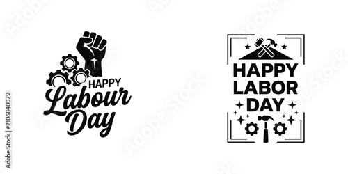 Foto Happy Labour Day Vector Graphics with Clenched Fist and Gearing Icon Set