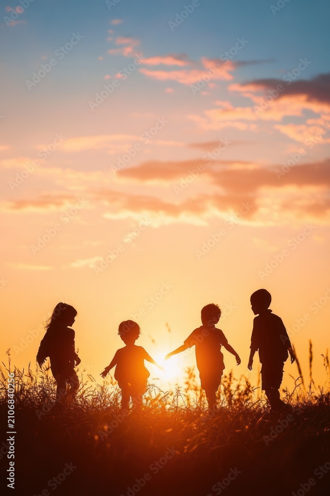 Fototapeta premium silhouettes of four children playing in a grassy field at golden sunset, joyful and carefree