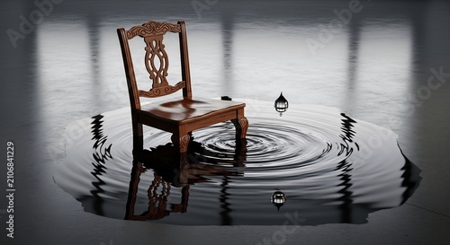 Surreal Image of an Antique Chair Floating on Rippling Water.