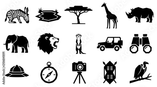 Bild auf Leinwand African Safari Icons with Wildlife and Exploration Symbols in Silhouette Vector