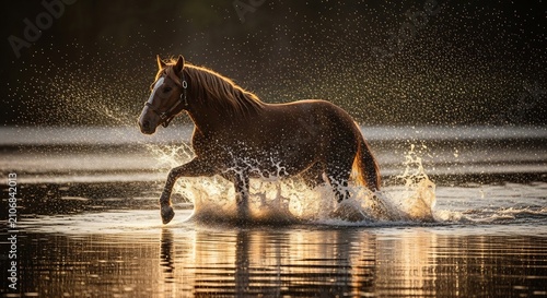 Majestic Horse Galloping Through Water at Sunset.