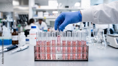 Scientist in blue gloves handles pink liquid in test tubes for breast cancer research during October awareness month