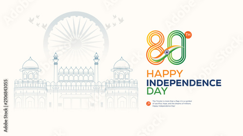 Clean Independence Day banner featuring 80th anniversary typography, Red Fort line art, and patriotic tricolor theme.