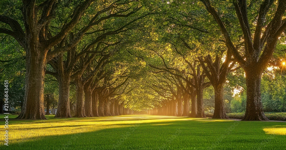 Fototapeta premium sunlit oak avenue with arching branches forming a leafy tunnel over a manicured green lawn, warm golden glow, serene and majestic atmosphere