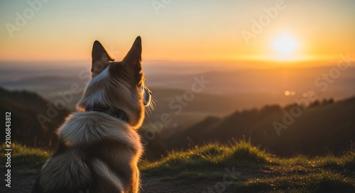 German Shepherd Dog Watches Golden Sunset Over Rolling Hills.
