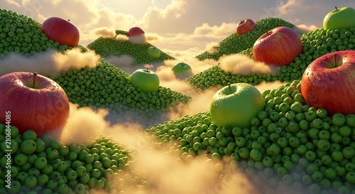 Whimsical Landscape of Floating Apples and Peas in the Clouds.