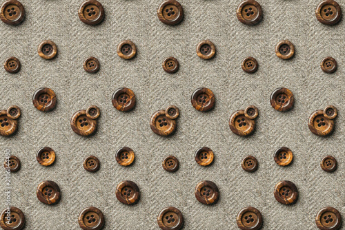 Seamless pattern of various wooden sewing buttons arranged on a textured beige fabric background, craft and tailoring supplies motif