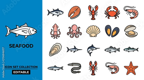 Seafood Icon Set Collection with Fish Shellfish and Marine Creatures