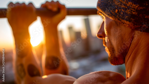 Determined athlete silhouetted against golden sunrise, strength and grit