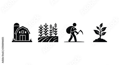 Fotografie Farm Building Crops Farmer And Tree Silhouettes In A Linear Arrangement Silhouet