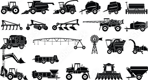 Cuadro en lienzo Agricultural Machinery Silhouette Icons of Tractors, Harvesters, Balers, Plows,