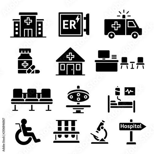 Medical Healthcare Hospital Facilities Solid Glyph Icon Set