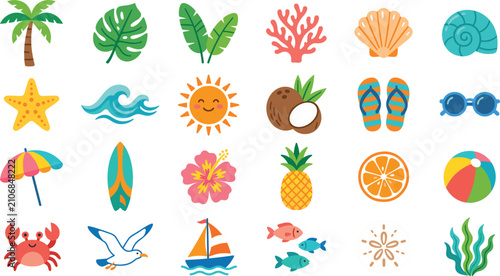 Canvas Print Colorful summer icons set featuring tropical elements, beach items, ocean animals, and vacation symbols vector