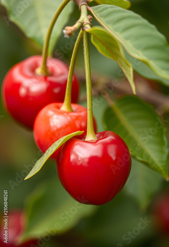Ripe red cherries hanging f...