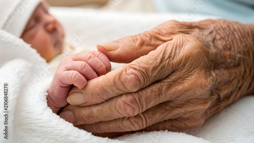 Elderly Hands Holding Newborn Baby Hand Close Up