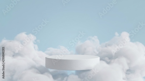 White circular podium on soft white cloud background 3D render for product showcase