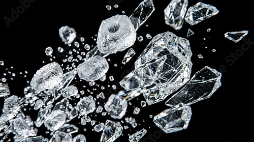 Flying Broken Glass Shards Isolated on Black Background