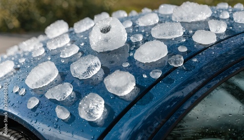 Large Hailstones on Wet Blue Car Roof After Severe Storm