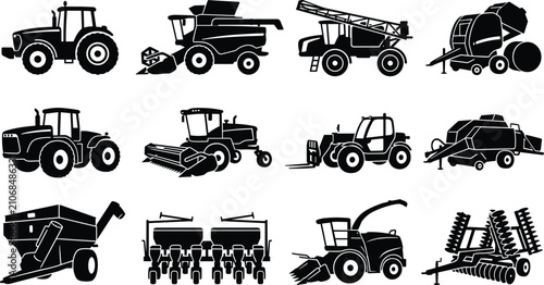 Fotografía Agricultural Machinery Silhouette Icons of Tractors, Harvesters, Seeders, Balers