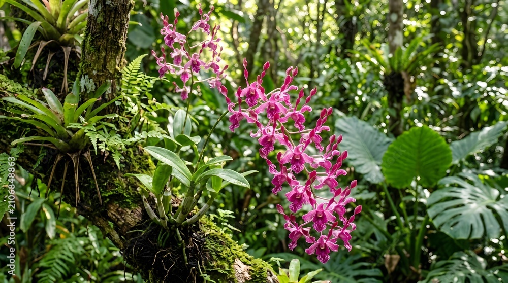 Fototapeta premium Beautiful pink orchids blooming in a tropical forest