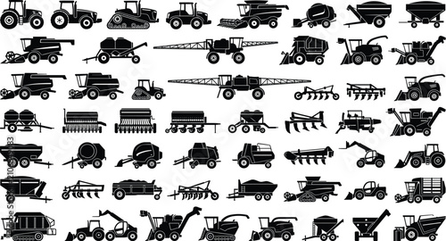 Fotografie Agricultural Machinery Silhouette Icons of Tractors, Combines, Plows, Seeders, S