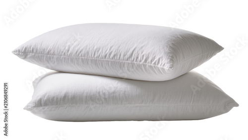 Foto Isolated stack of two comfortable white bed pillows, soft fluffy bedding accessories