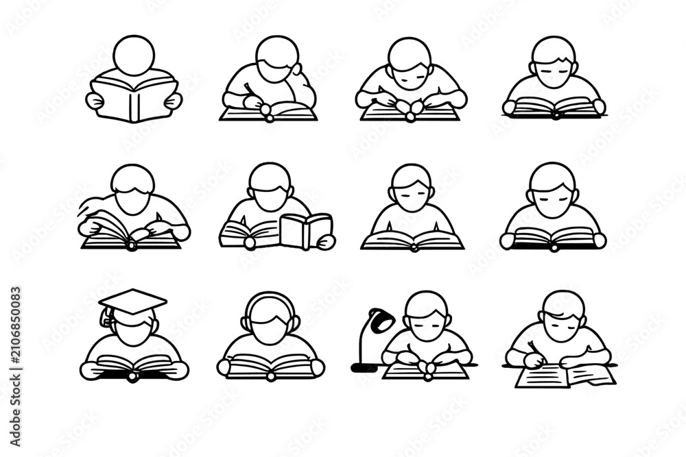 Fototapeta premium Intense Study Icons. Intensive study session. Line outline icon set of Intensive study session: student