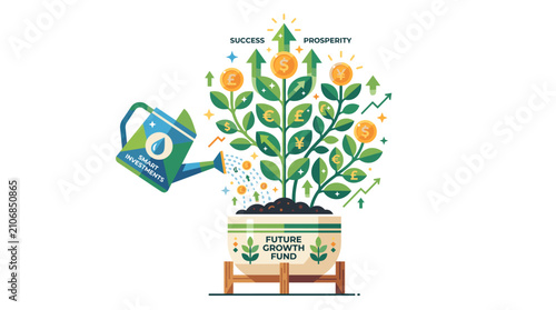 Financial growth tree with currency symbols and investment watering can